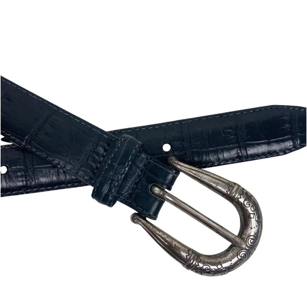 Brighton Croc Embossed Blue Leather Belt Womens 28 Silver Tone Western Buckle